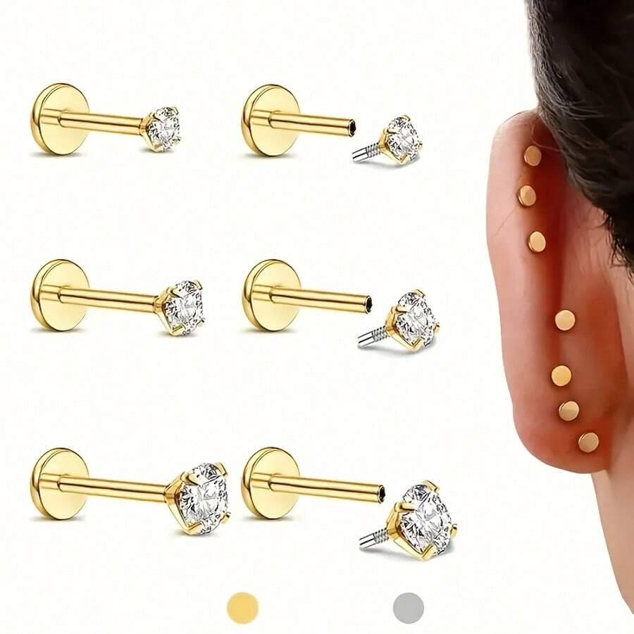 Tragus Flat Back - 6개의 플랫 백 귀걸이 스터드 -