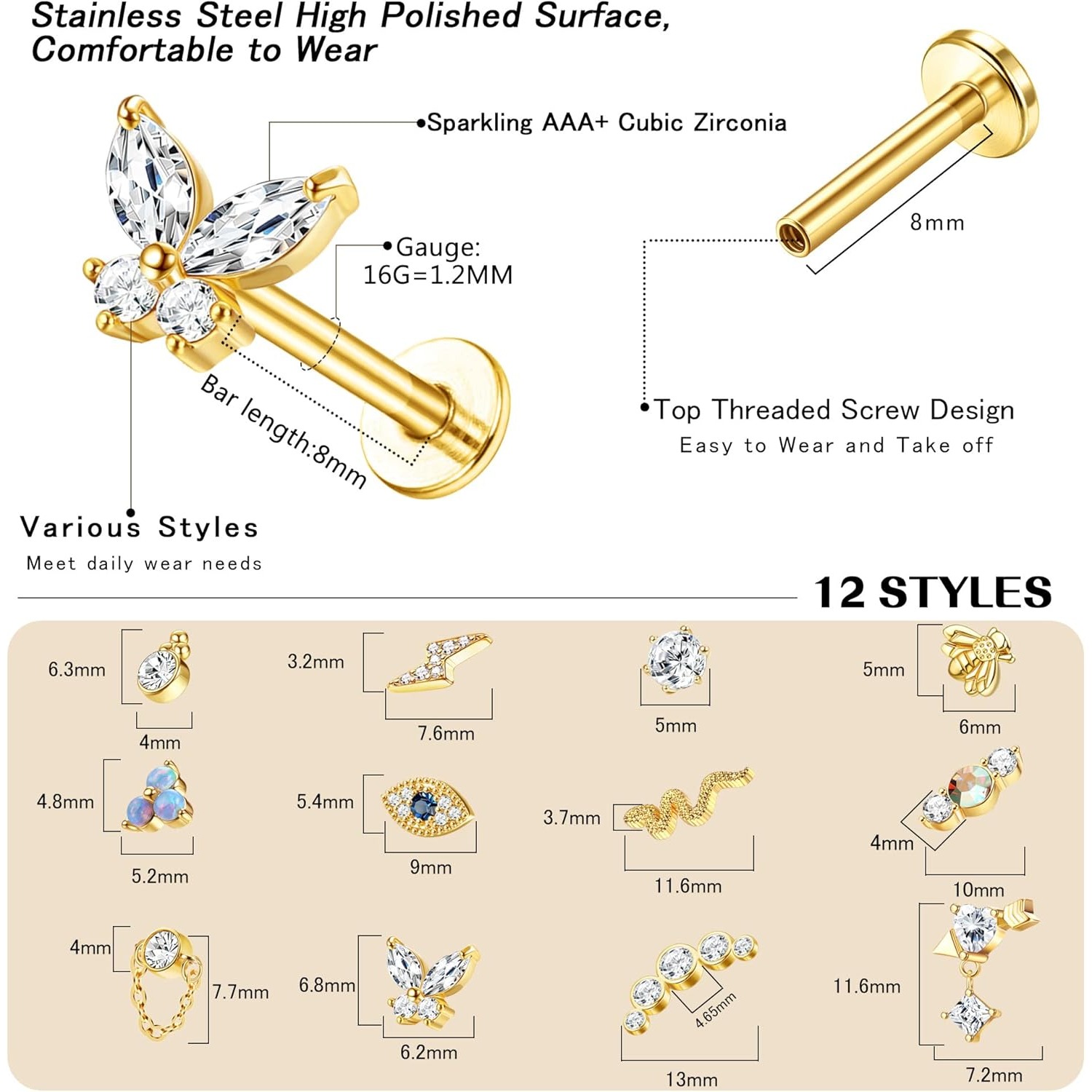 보비스티 여성용 연골 귀걸이 1개, 외과용 스틸 플랫  - Body Jewelry Flat Back 리뷰 및 가격