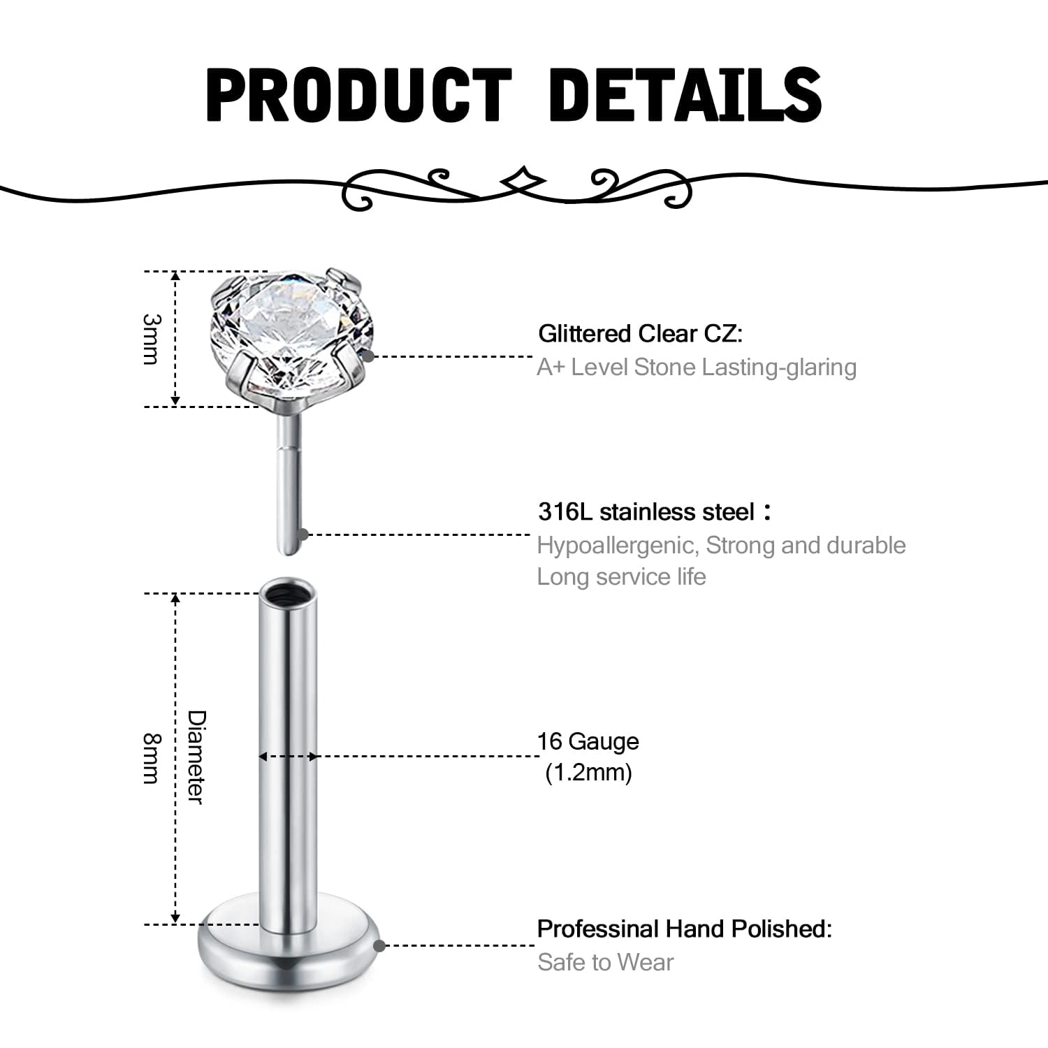 나사없는 플랫 백 귀걸이 스터드, 16G 푸시 인, 이 - Body Jewelry Threadless 리뷰 및 가격