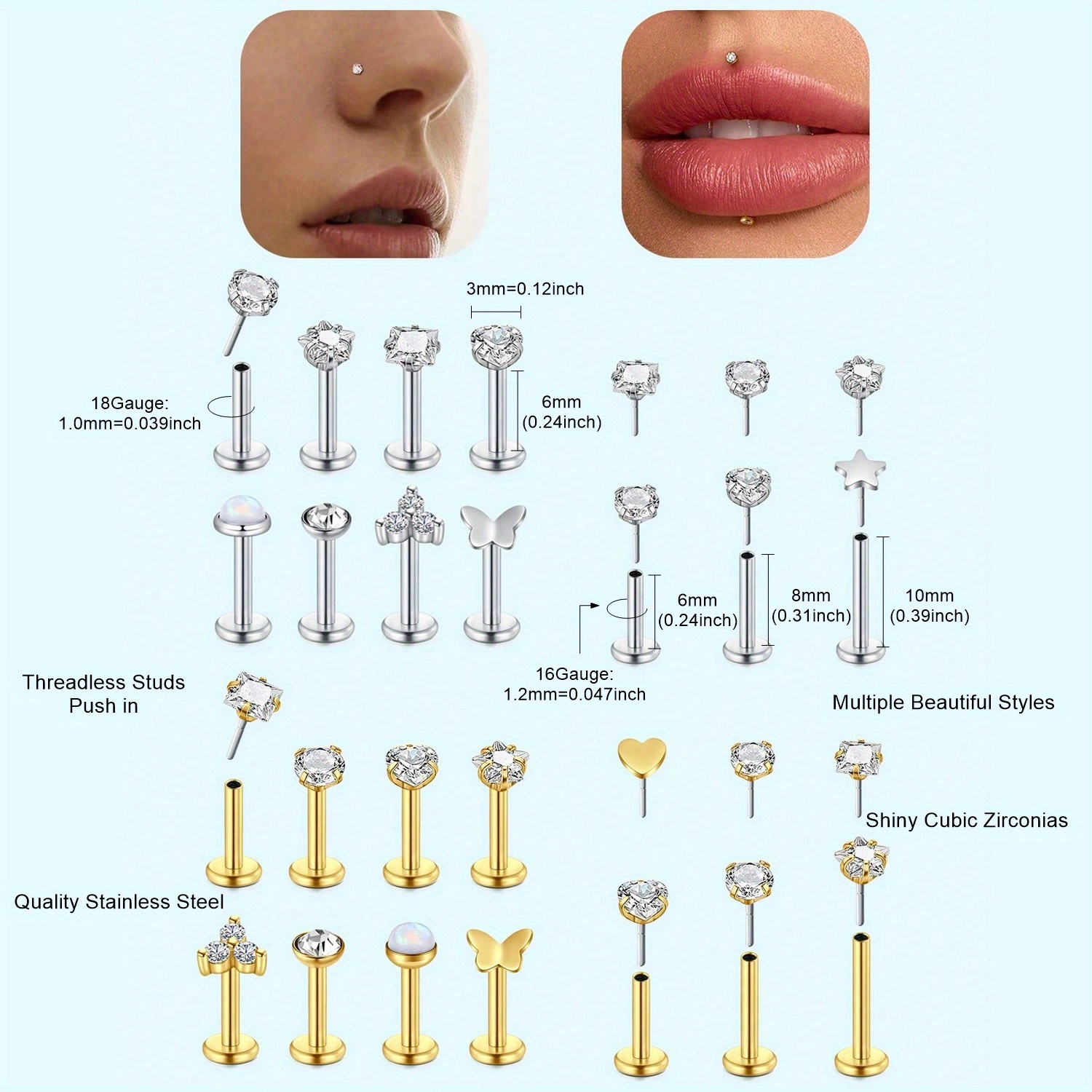 16G 18G 푸시 인 스레드리스 코 링 스터드 저자  - Body Jewelry Threadless 리뷰 및 가격